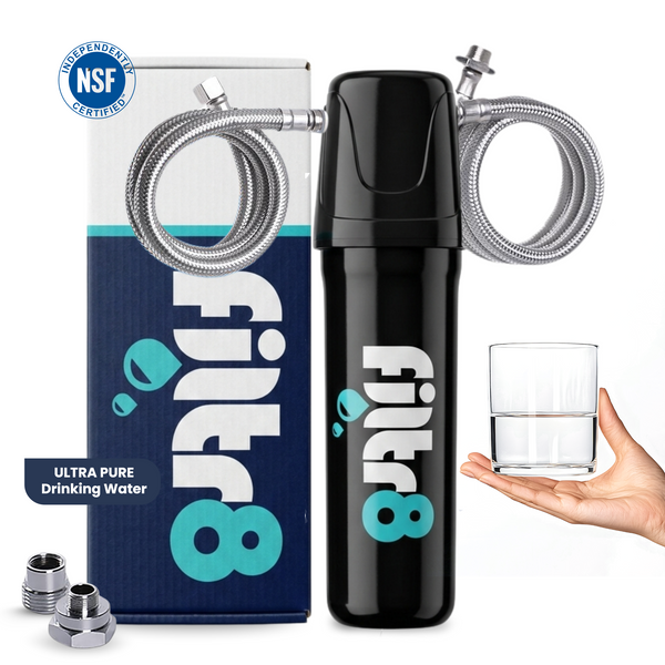 Filtr8 complete under sink water filter system with 12,000 gallon capacity and high flow rate.